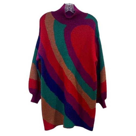 FARM Rio Dresses & Skirts - Farm Rio Rainbow Wild Hearts Striped Balloon Sleeve Knit Mock Neck Mini Dress M